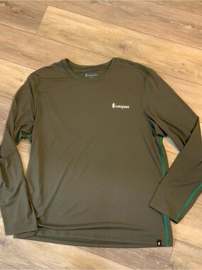 cotopaxi Olive Green Long Sleeve Performance Tee with Teal Accents